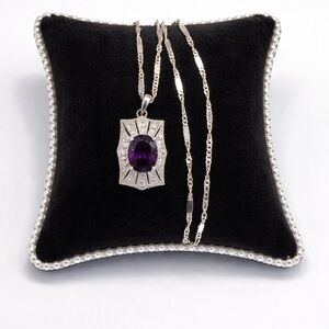 925 Sterling Silver Art Deco Halo Amethyst CZ Pendant Necklace Size 16”